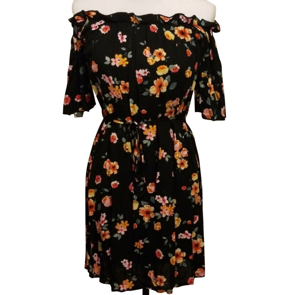 Black Vivid Floral Off Shoulder Dress - Picture 3 of 3